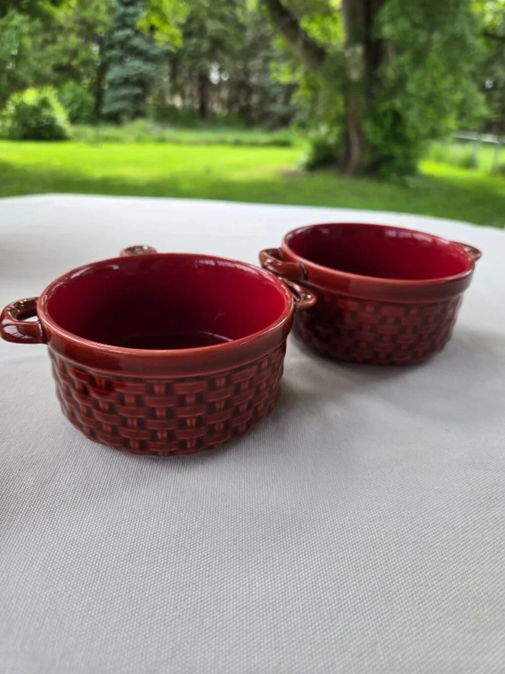 Pier 1 Imports two Red Basket Weave Ovenware Ramekin Soufflé Mini Dish with lids